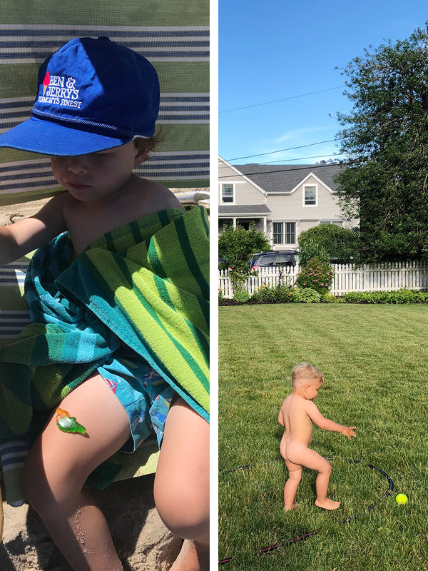 Side by side photos of Liz and Lizzy's family life this week. Both sons play outside in the grass and at the beach.