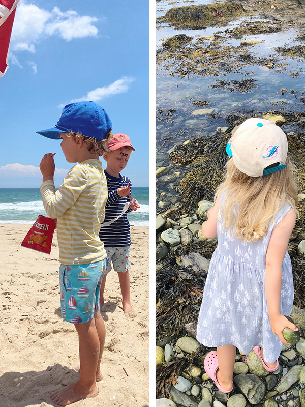 Side by side photos of India and James outdoors doing summer activities. James is on the beach and India is in a creek bed skipping stones.