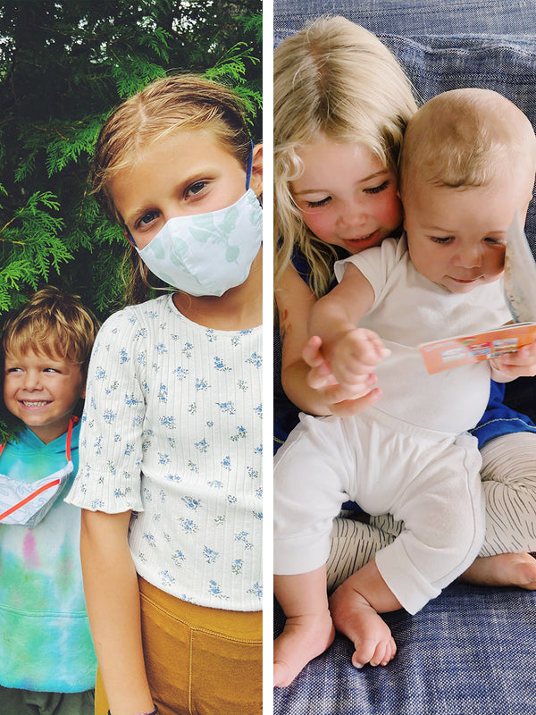 pictures of our families from this week snuggling on the couch reading a book and at the lake wearing new Lewis Face Masks. 