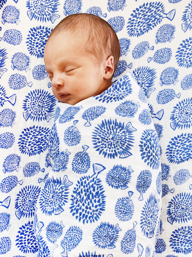 Swaddle + Burp Cloth Set - Blowfish | Marine